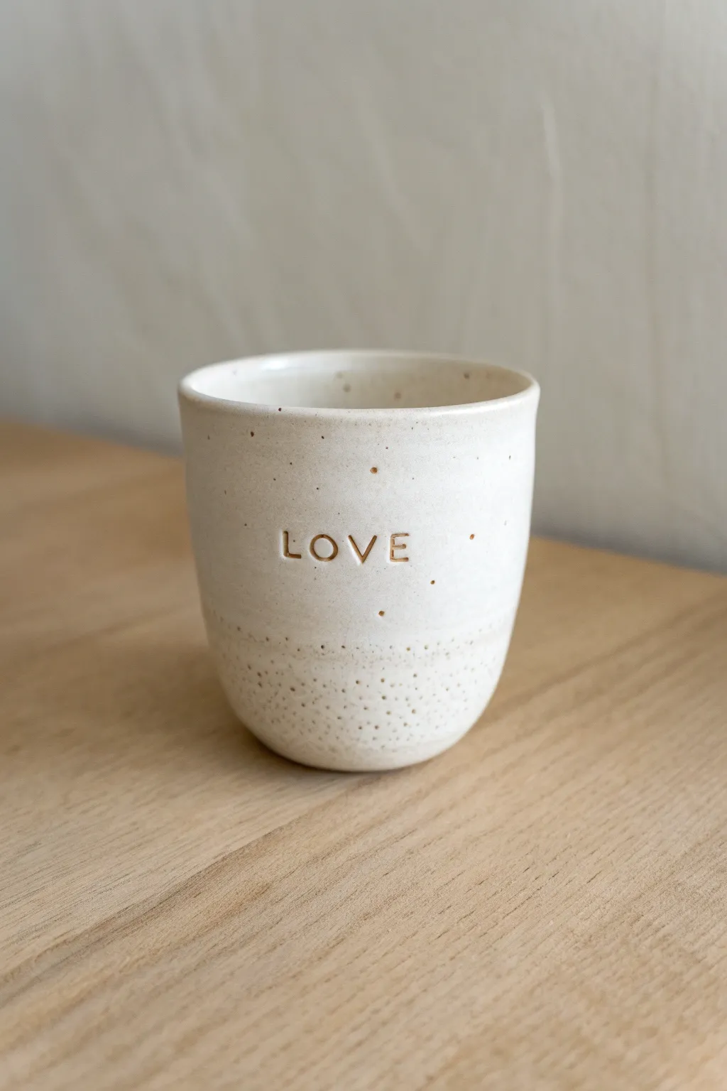 Message in relief: a simple clay cup with a raised word and tiny heart sprigs, clean and cozy