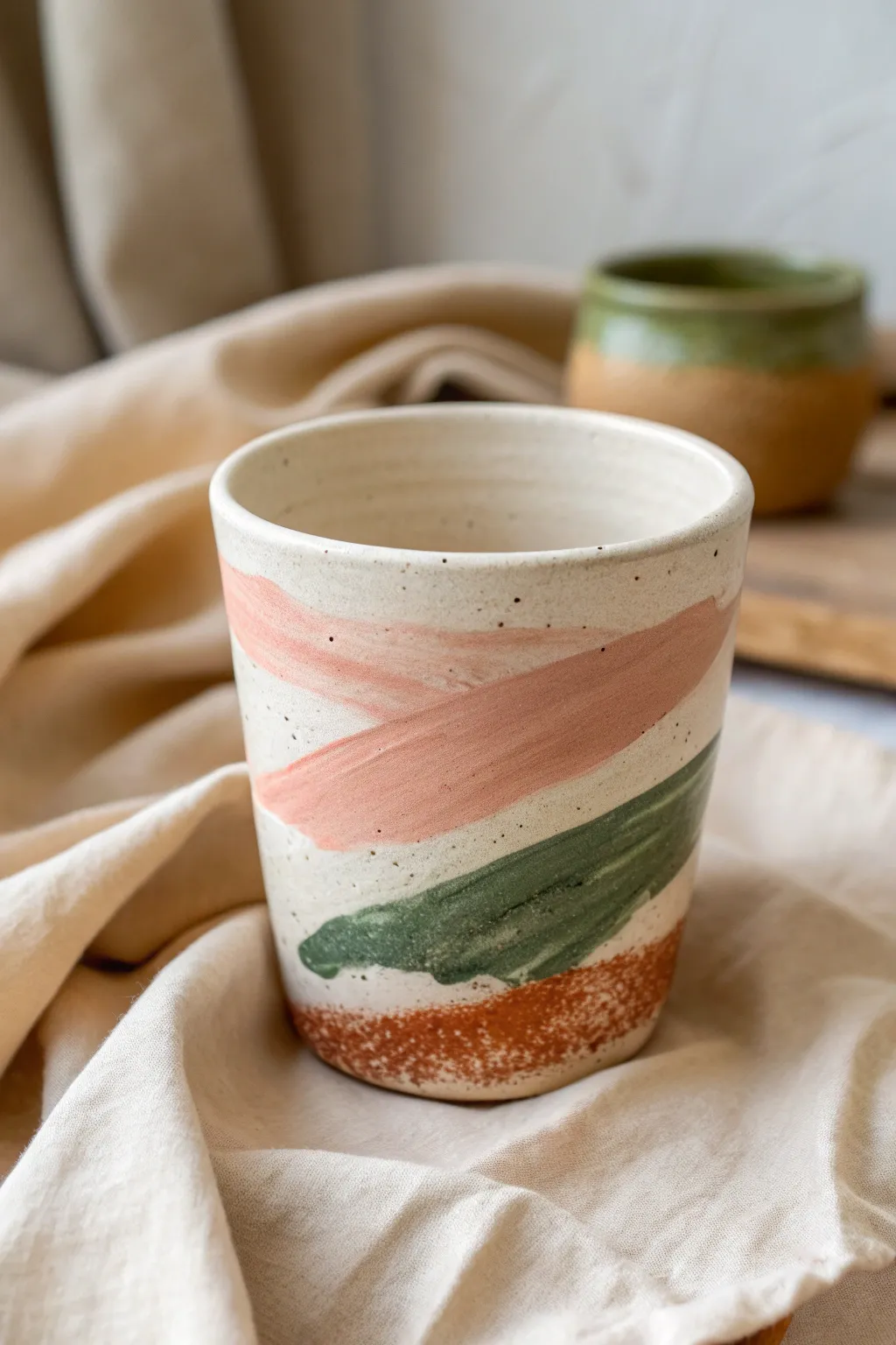 Abstract brushstroke swatches turn a simple clay cup into modern boho art, easy to DIY.