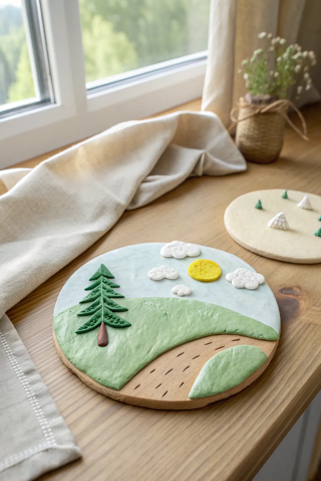 Mini clay habitat disc with a sweet forest scene, tiny tree and sun, perfect for kids.