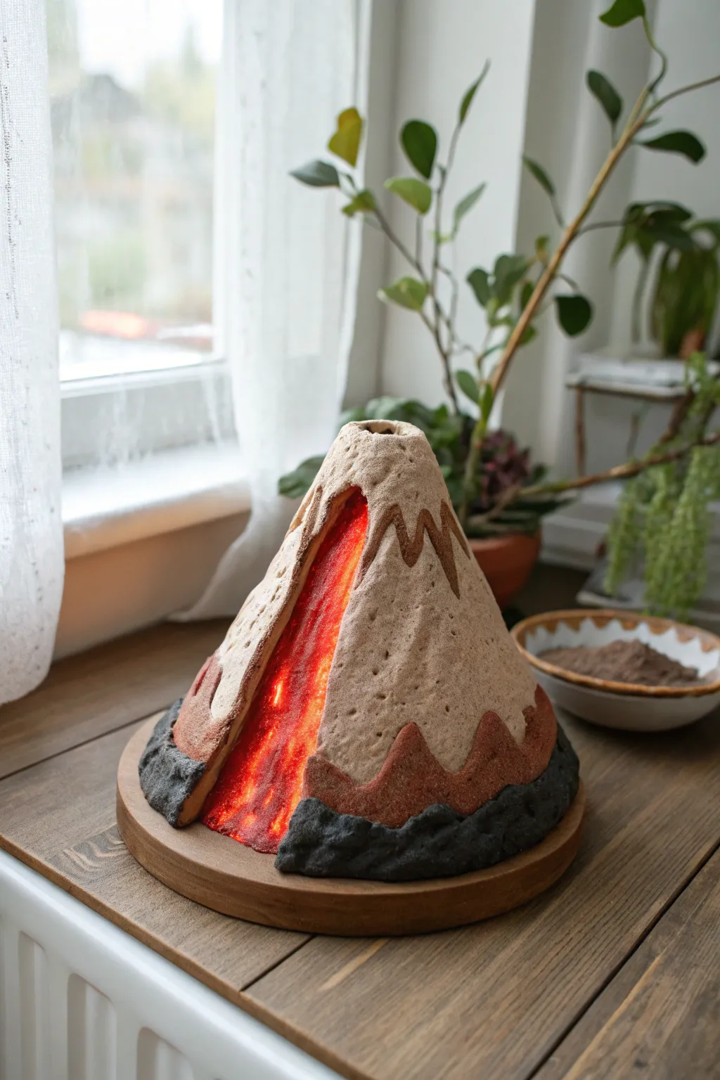 Minimal clay volcano cutaway diorama with glowing lava channel, perfect for classroom display