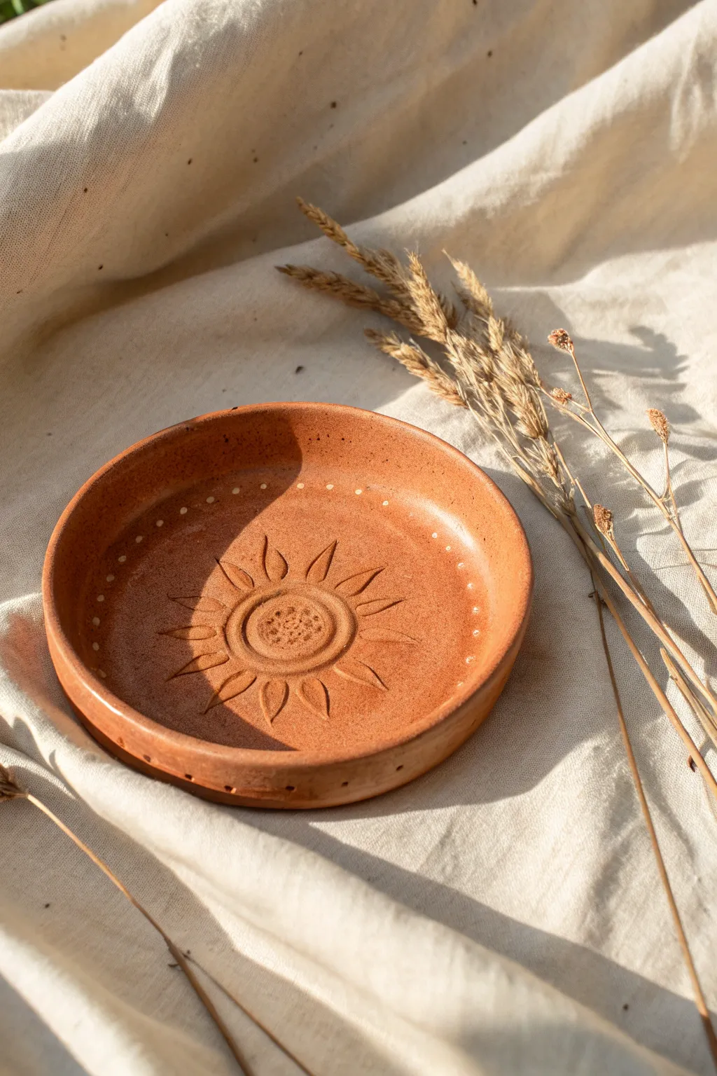 Terracotta boho sun dish on linen, warm desert light and minimalist Scandinavian styling
