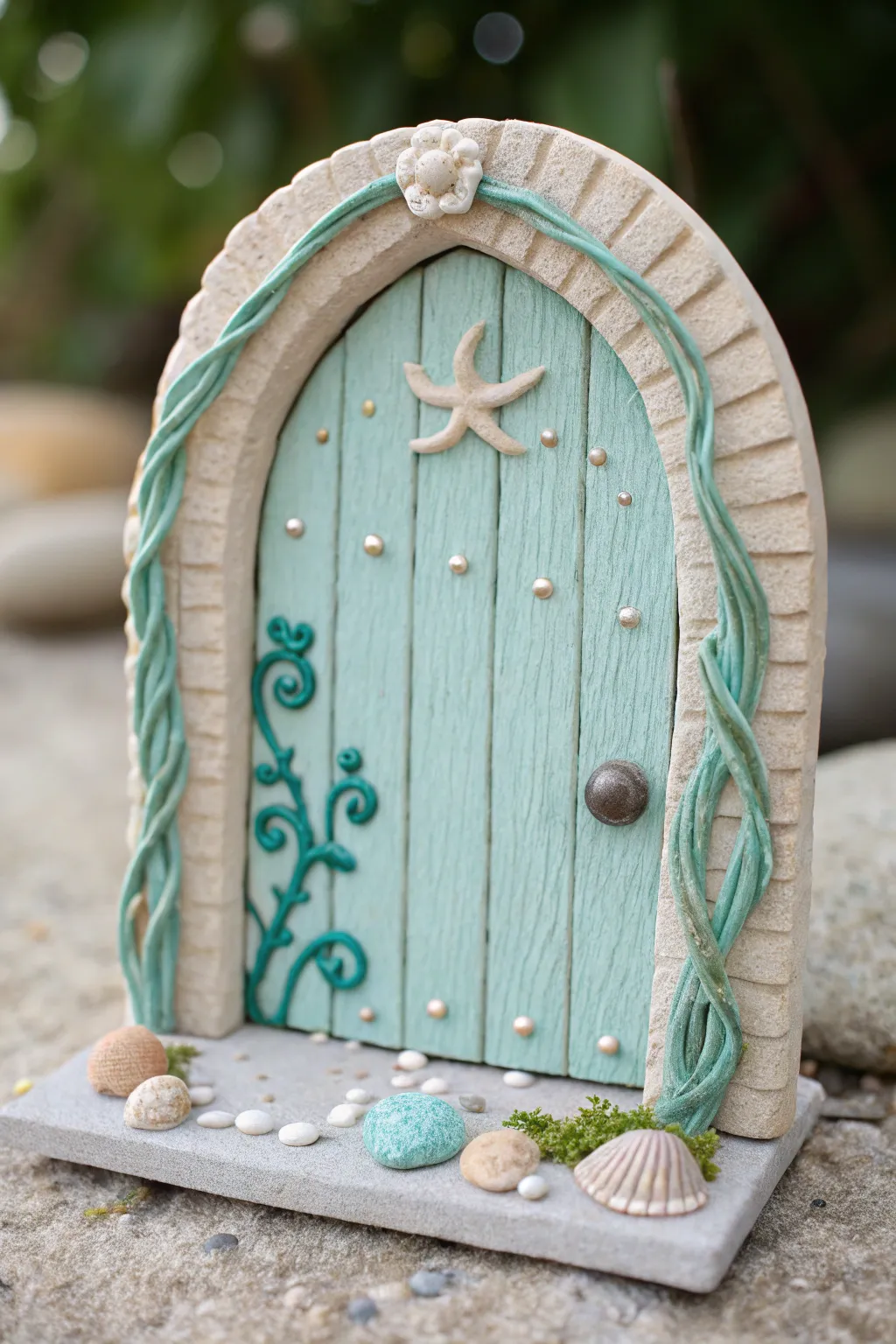 Underwater mermaid garden clay fairy door in turquoise, sand tones, and pearly details