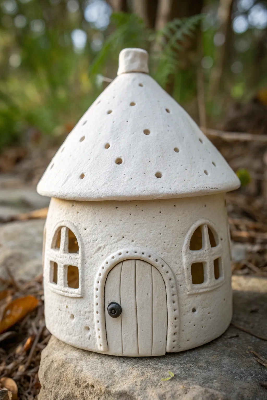 Minimalist clay fairy house with a hidden keyhole door, soft boho tones, and secretive windows.