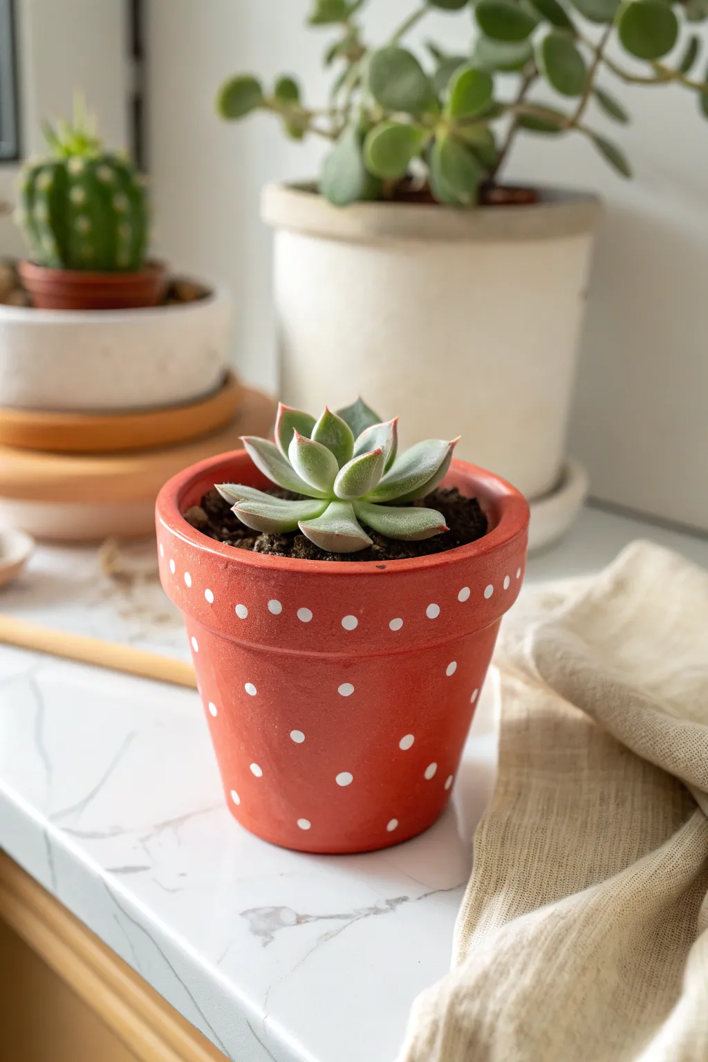 Fruit-themed terracotta pot in strawberry design, simple DIY charm for tiny plants.