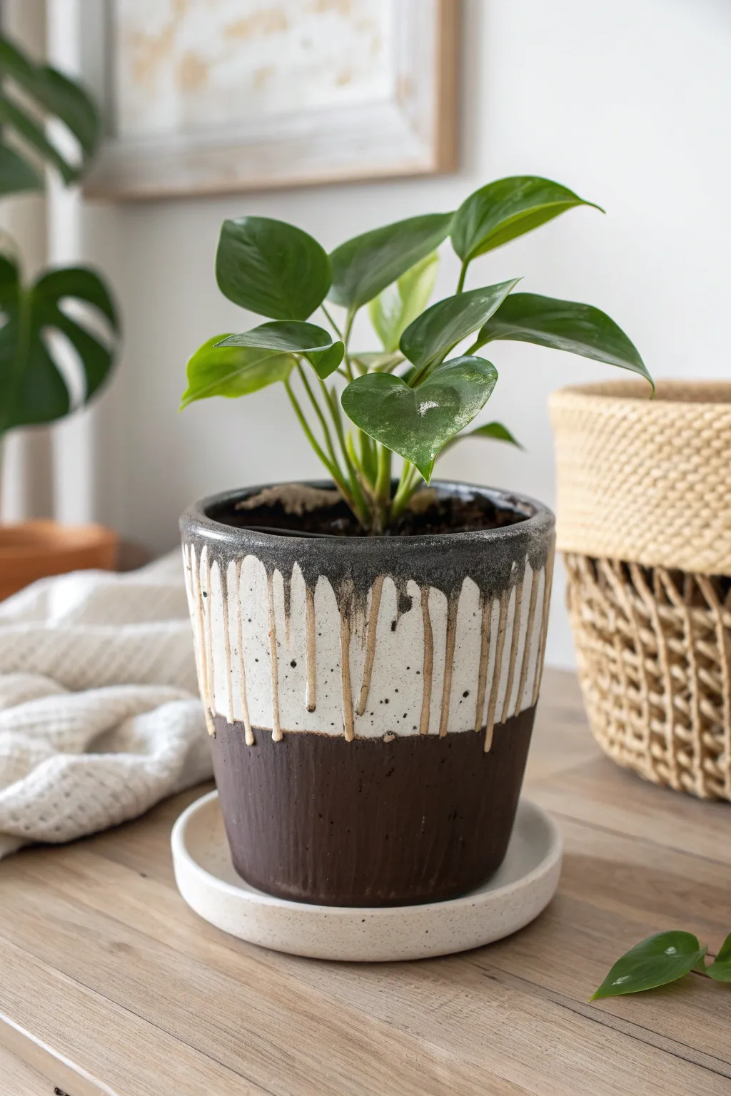 Bold drip-painted clay pot with a lush green plant, minimalist boho style for instant drama.