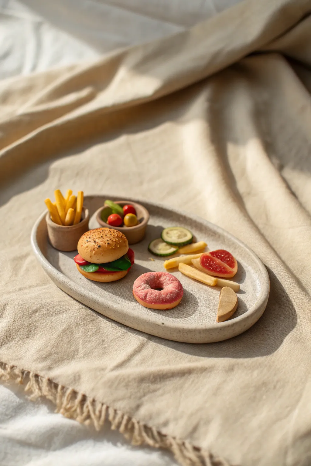 Mini clay buffet tray for kids: burgers, fries, donut and fruit in soft Scandinavian boho style