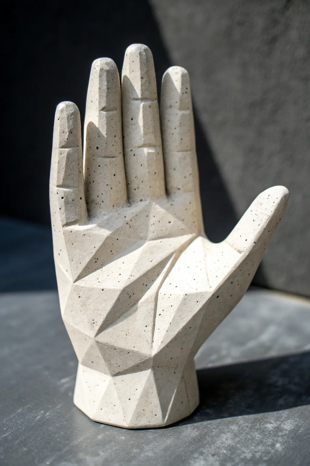 Low-poly faceted clay hand sculpture on charcoal backdrop, minimal Nordic boho statement piece.