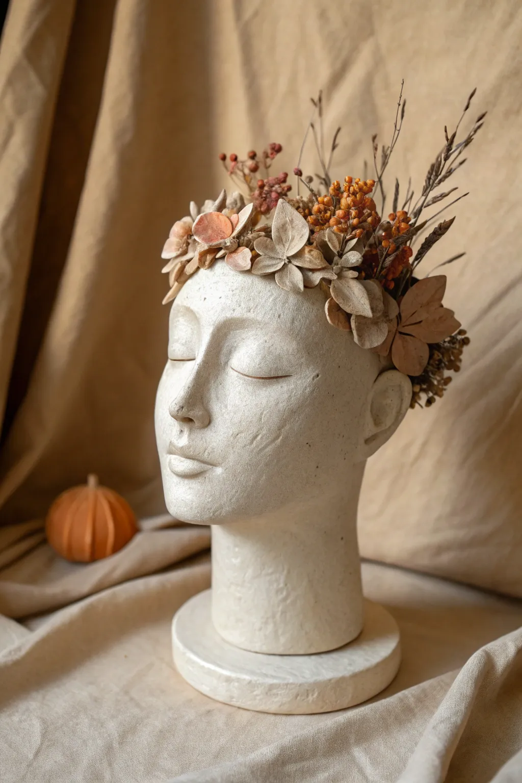 Surreal clay head with blooming floral hair, minimalist boho charm captured in moody contrast light.