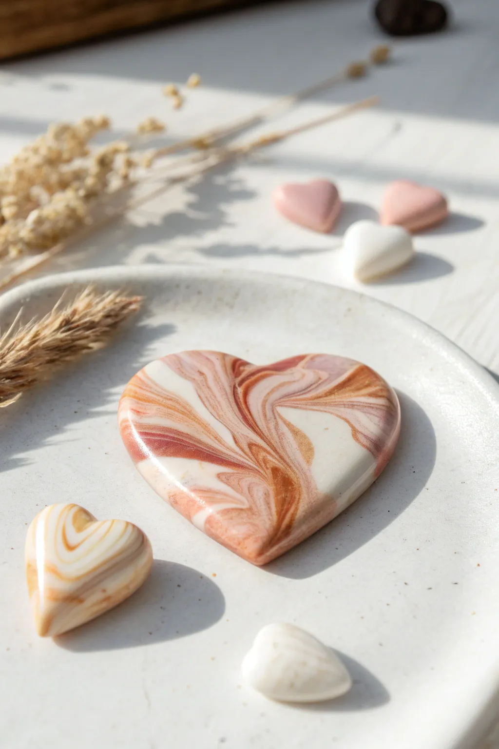 Glossy marbled clay heart cabochons in soft neutrals, simple Scandinavian styling, gem-like shine.