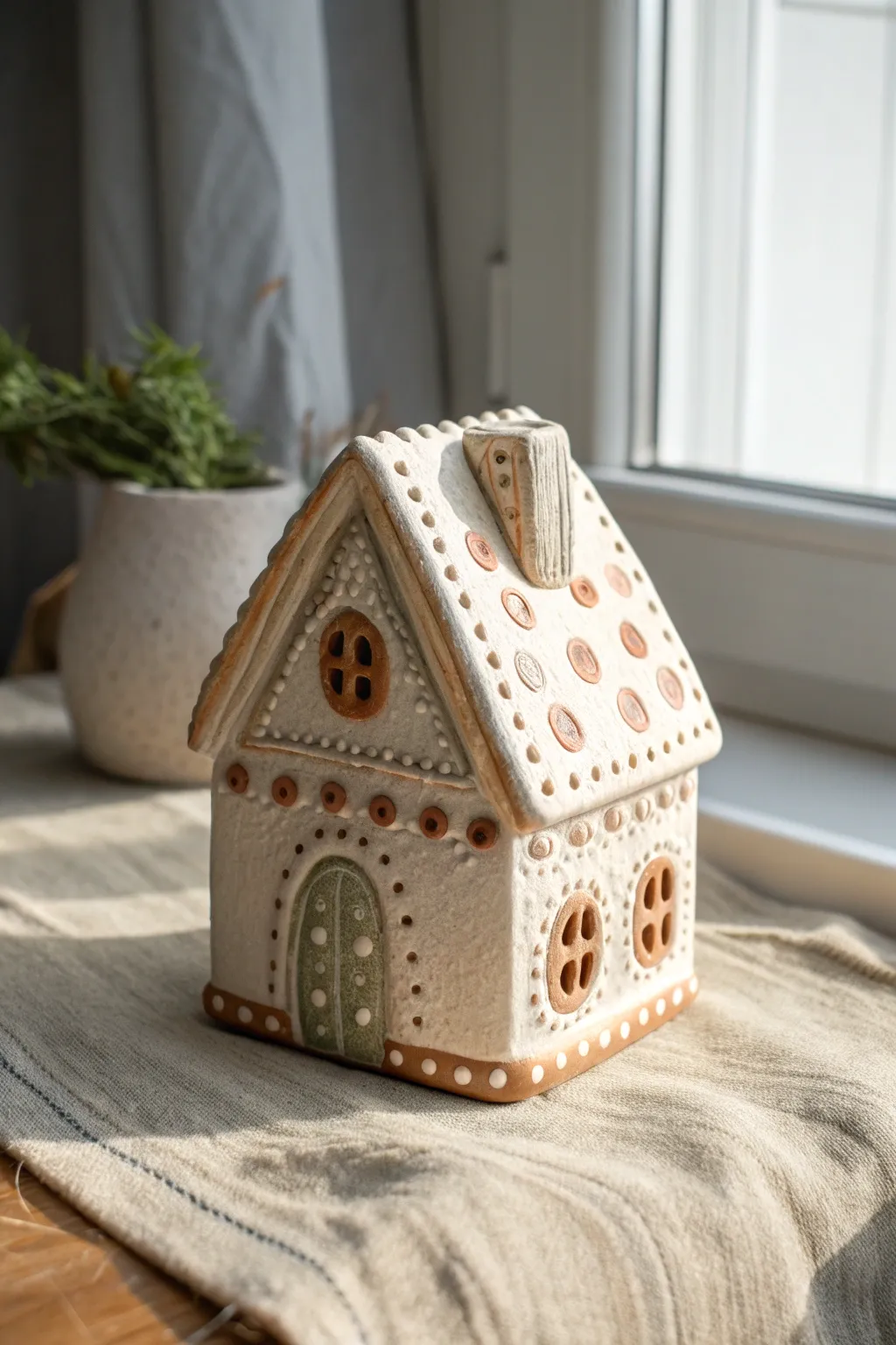 Gingerbread-style clay house with icing-like slip piping and soft neutral festive dots.