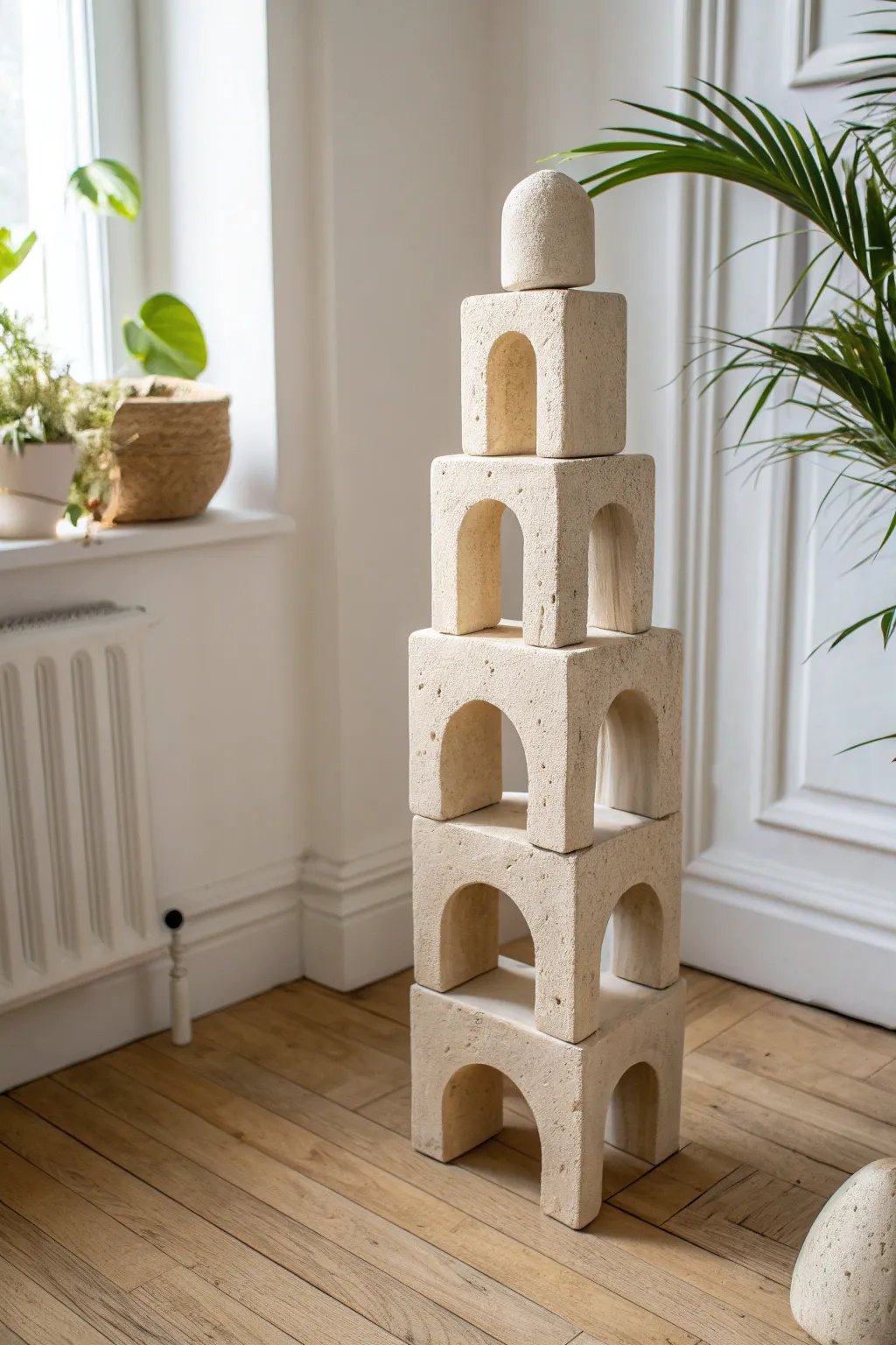 Big hollow stacking clay blocks built into a minimalist tower, perfect for sculptural home decor