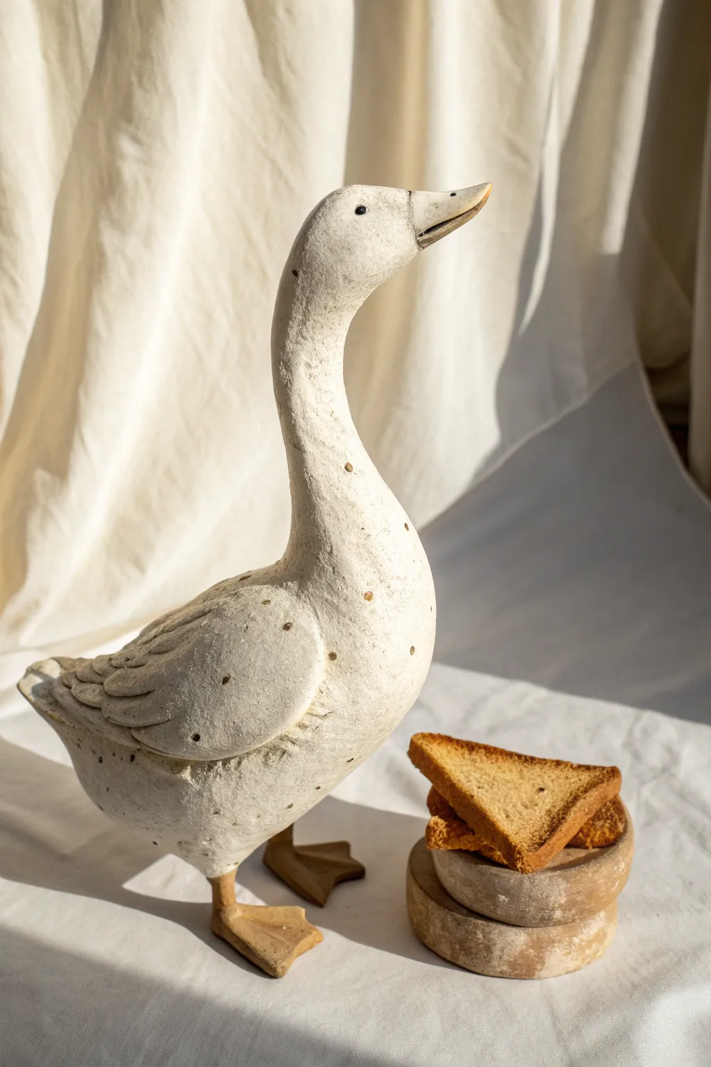 Minimalist clay goose guarding a tiny bread slice, a playful Scandinavian-boho accent.