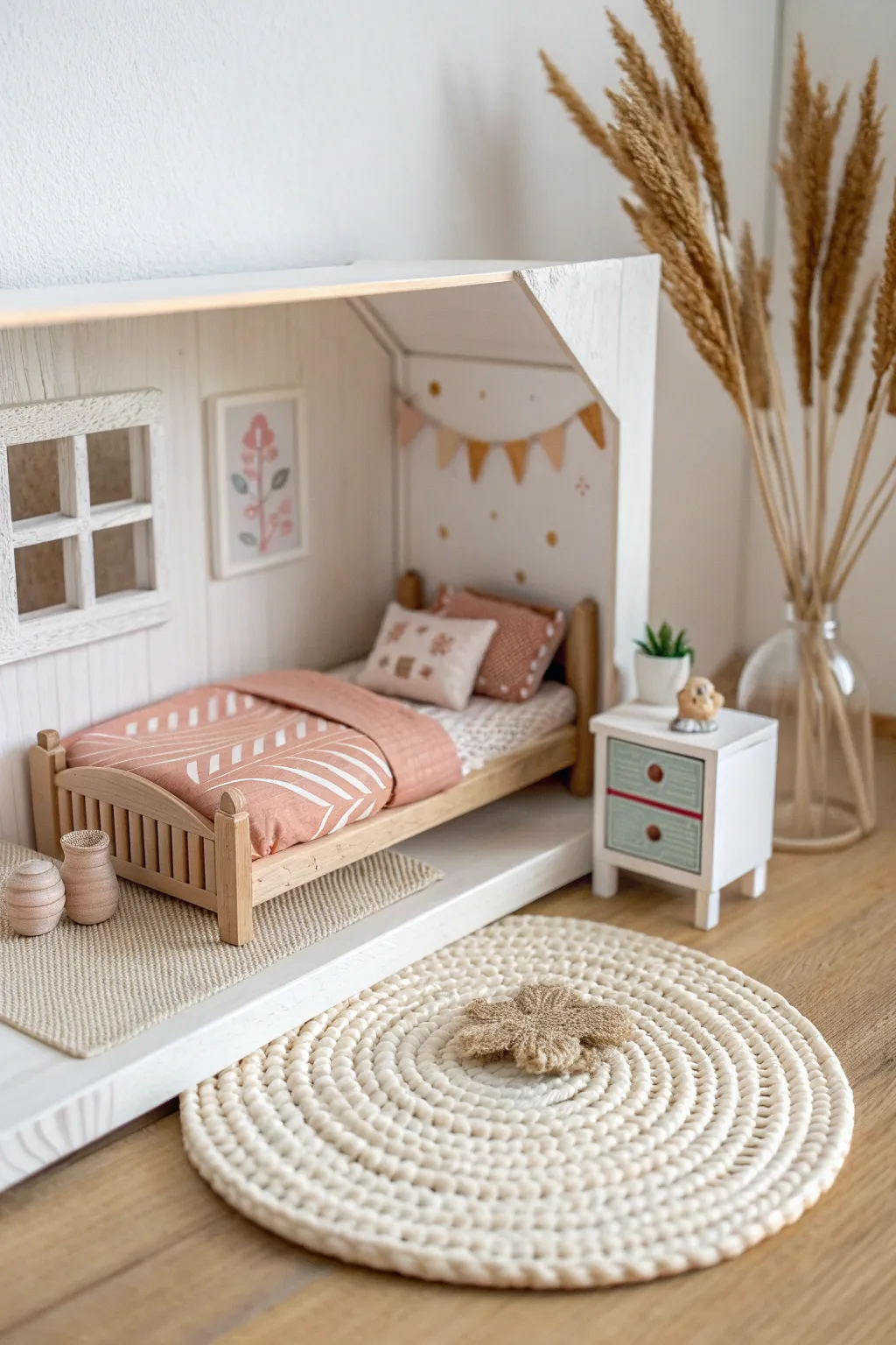 Pastel clay mini bedroom diorama with tiny bed and rug, simple, sweet, and handmade charm.
