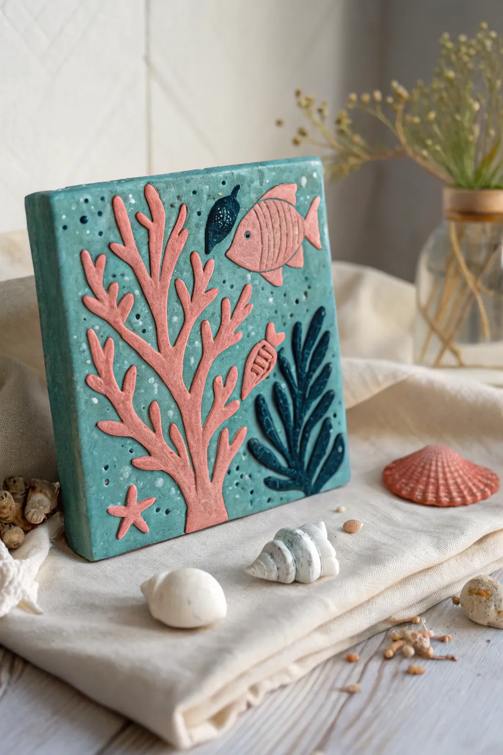 Under-the-sea clay reef tile in bright ocean hues, a simple kids project with artisan charm