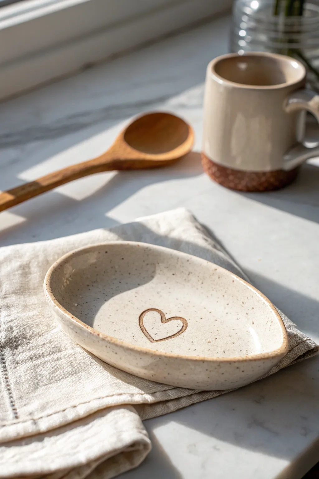 Minimal handmade spoon rest in warm clay tones, a calm kitchen detail perfect for Mom