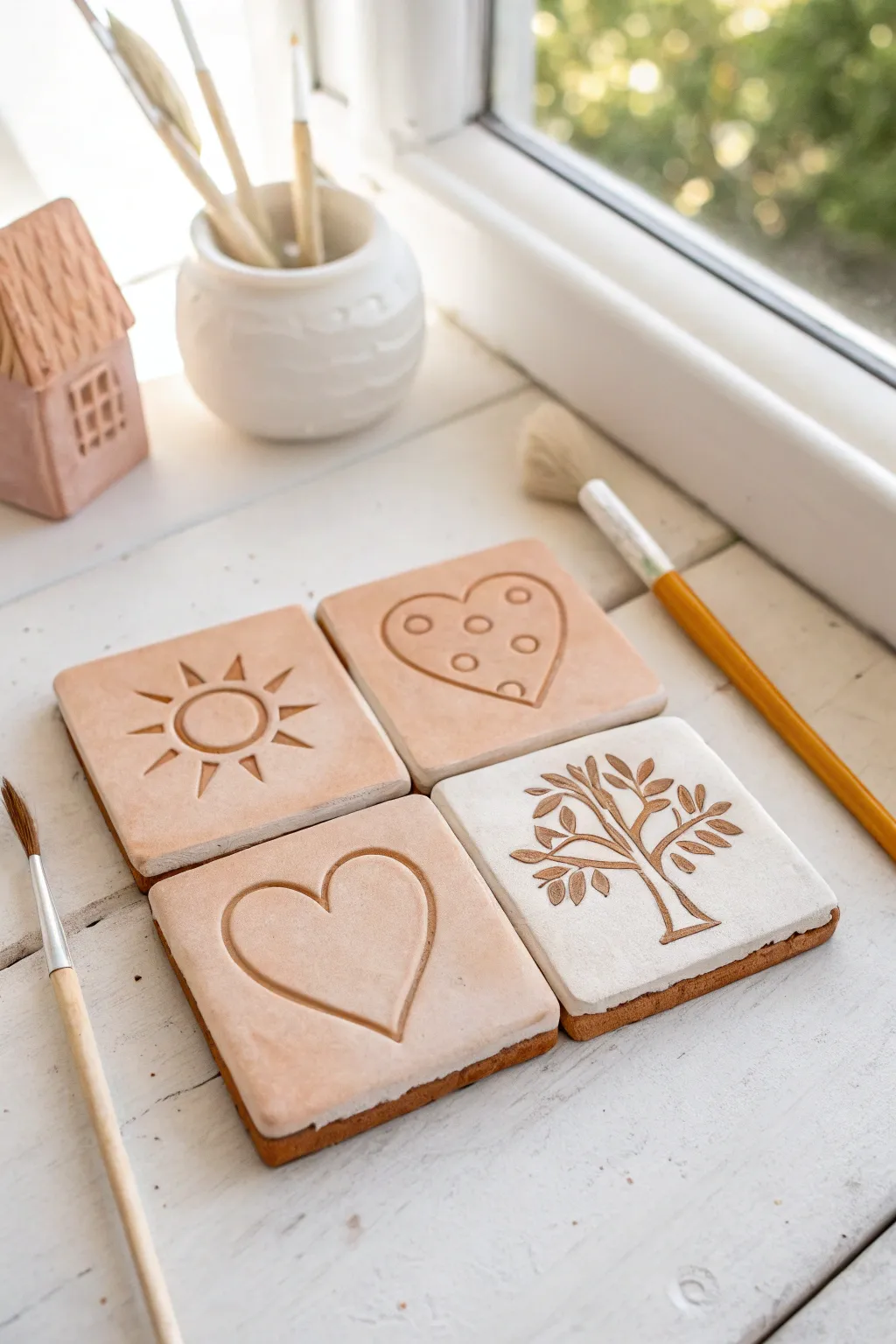 Four simple symbol clay tiles that toddlers can mix and match to tell sweet little stories.