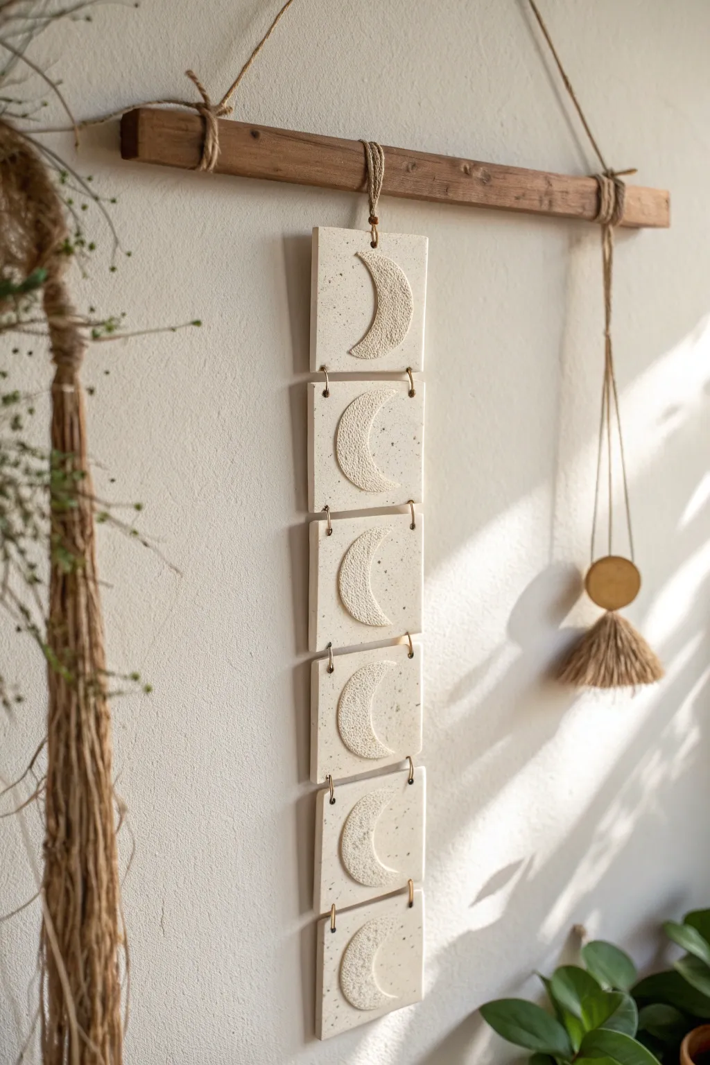Minimal moon phase clay tile wall hanging in soft light, simple, boho, and beautifully handmade