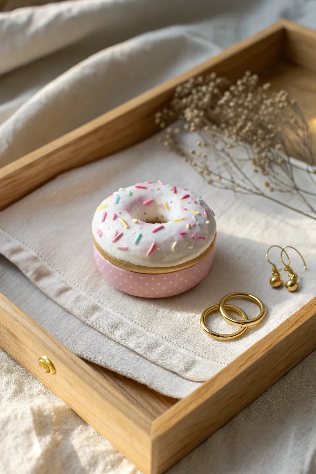 Pastel donut clay jewelry box with a lift-off lid, styled minimal with tiny studs and a ring.