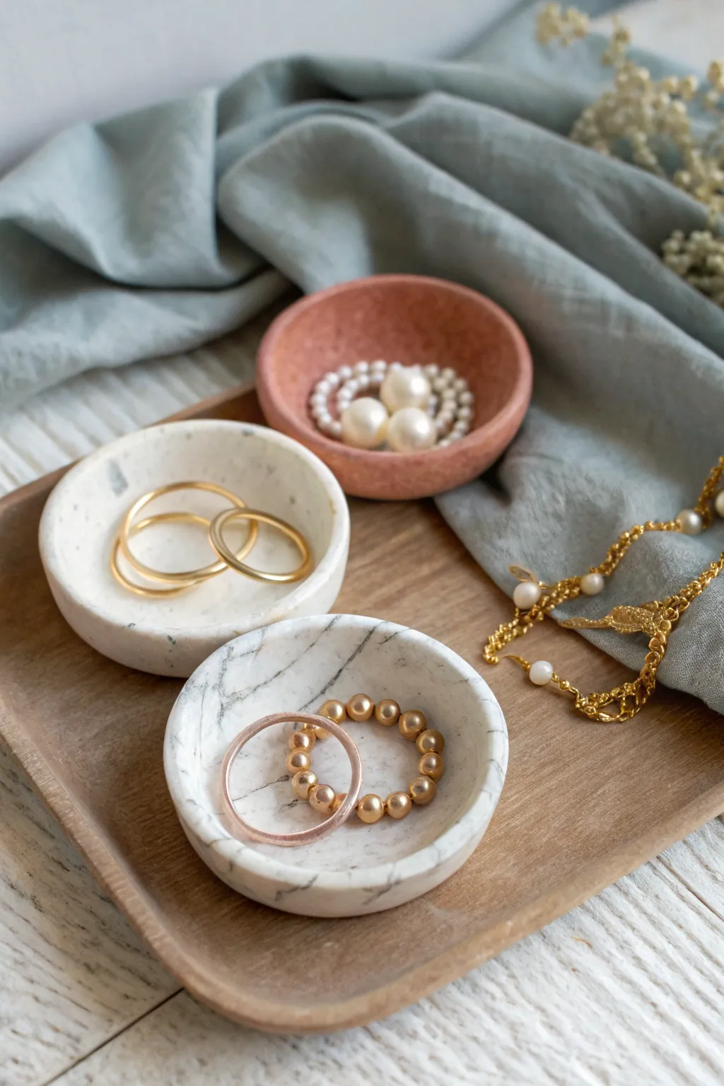Mini nesting clay jewelry dishes in marble, solid, and speckled finishes for effortless styling