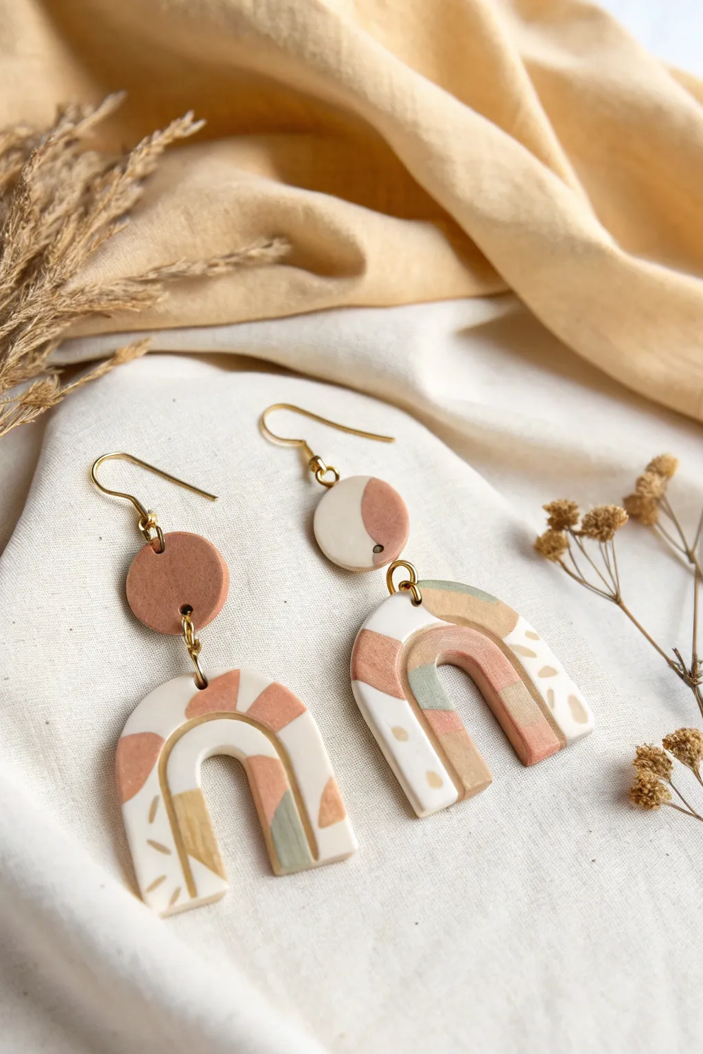 Abstract clay dangle earrings with painterly color layers on linen, minimalist boho vibe.