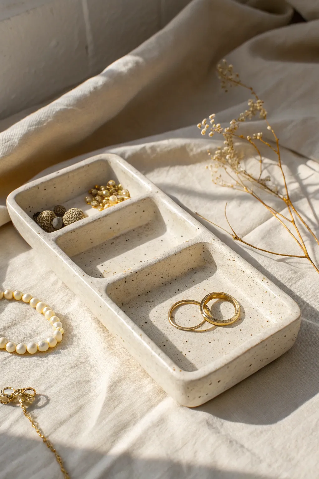 Minimal three-section clay jewelry tray idea to keep rings, studs, and a bracelet beautifully sorted.