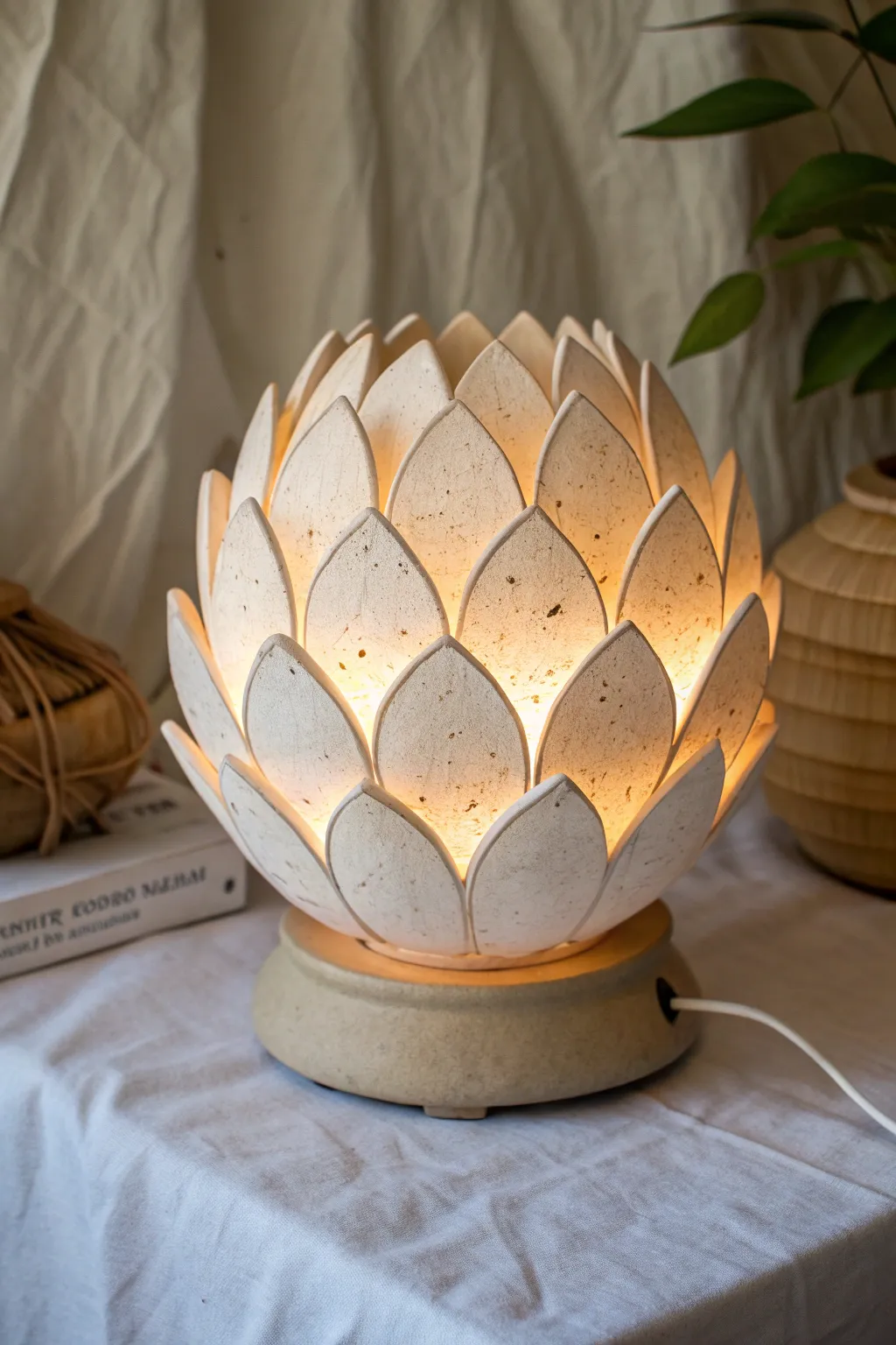 Layered petal clay lamp shade glowing softly, minimal Nordic styling with warm boho calm