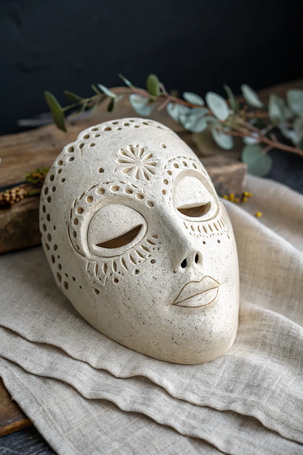 Minimalist openwork clay mask with lace-like cutouts, photographed in high-contrast moody light