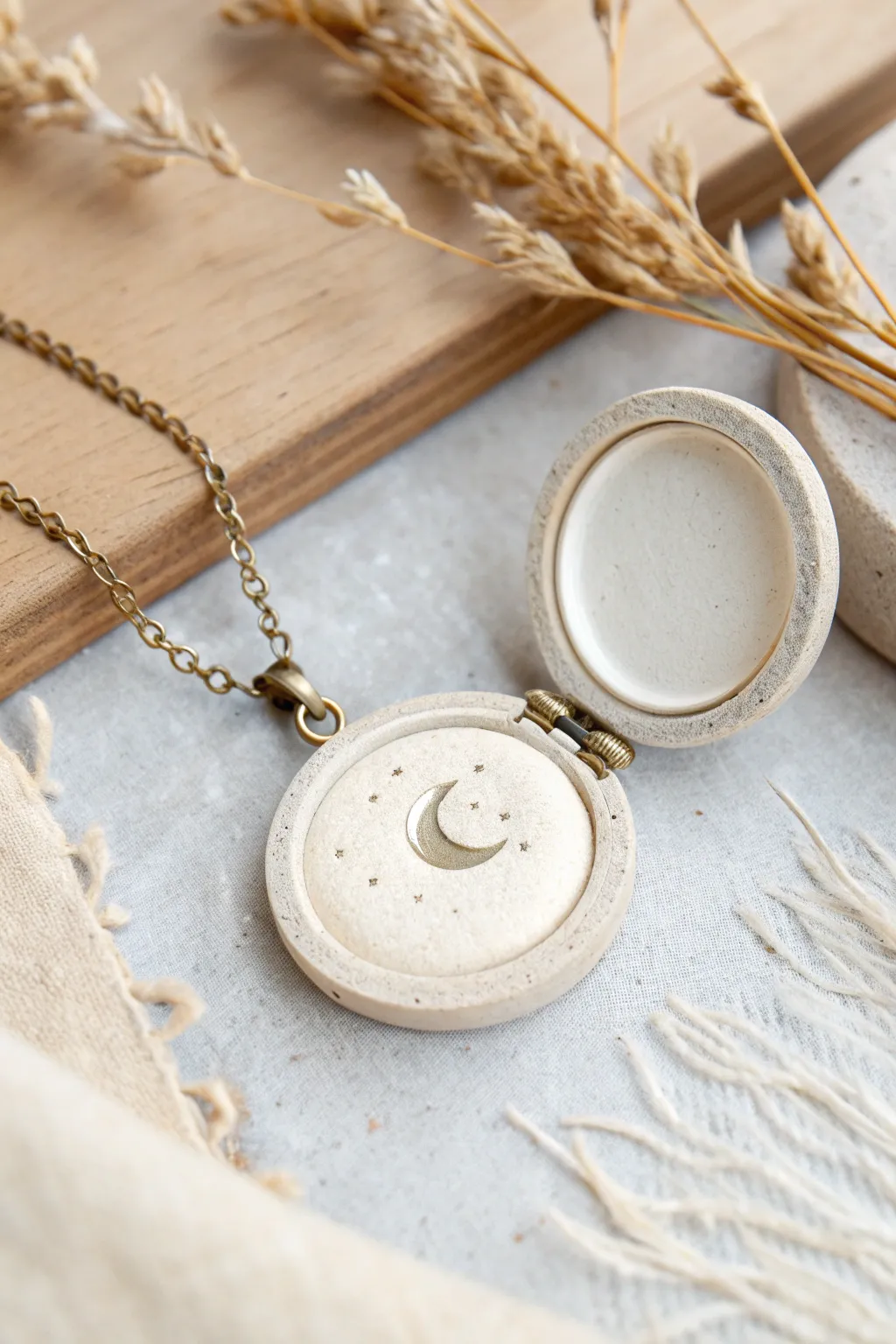 Secret-keeper clay locket medallion, textured outside and smooth within, revealing a tiny symbol.