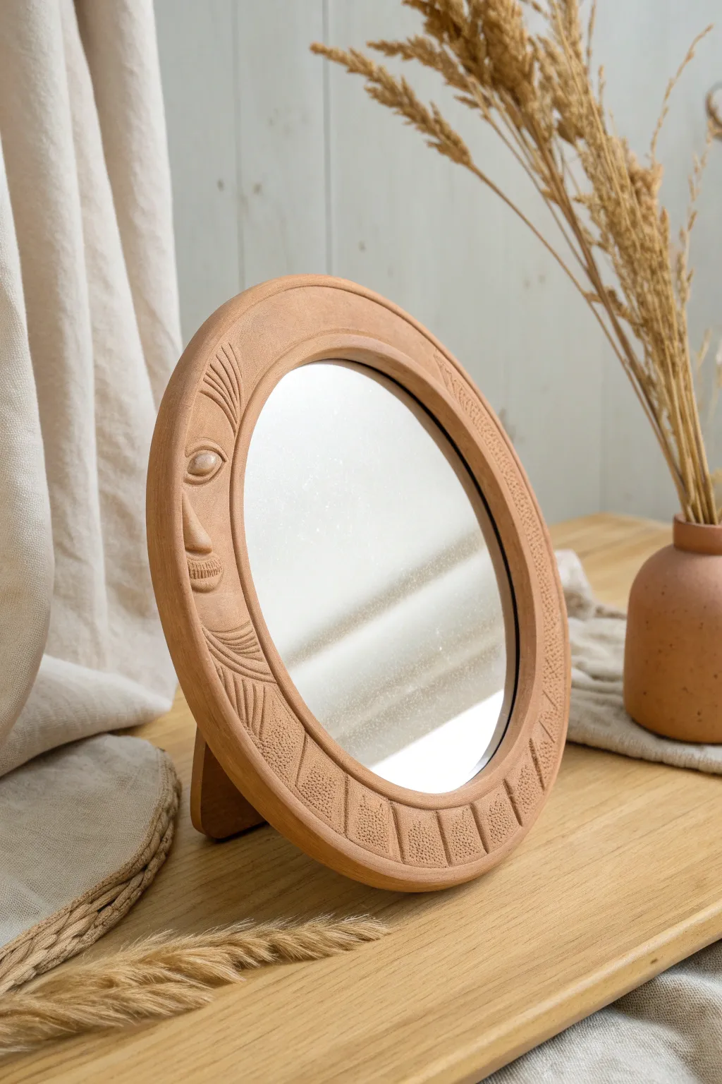 Minimal clay mirror with abstract face relief, soft neutrals and Scandinavian-boho calm.