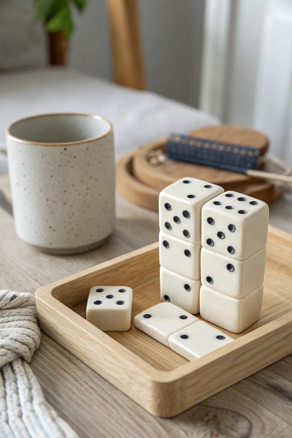 Minimal handmade clay dominoes in an oak tray, a chic coffee table game with cozy calm vibes