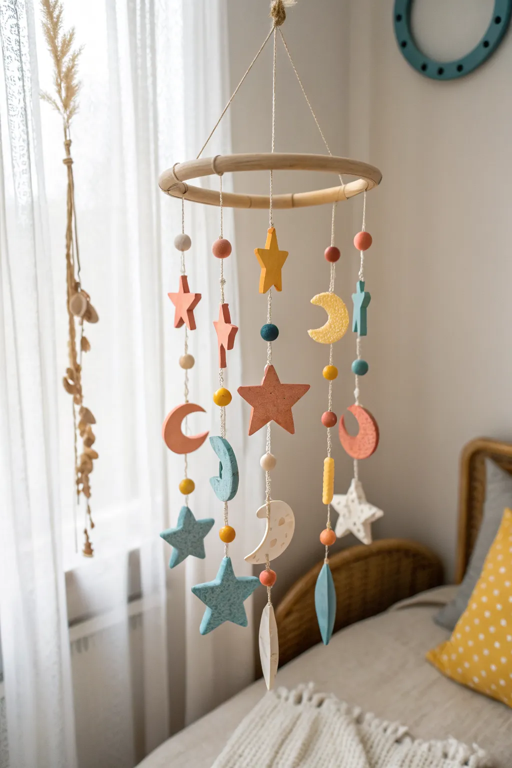 Bright kid-made clay mobile with stars and moons, minimalist boho decor for a playful nursery