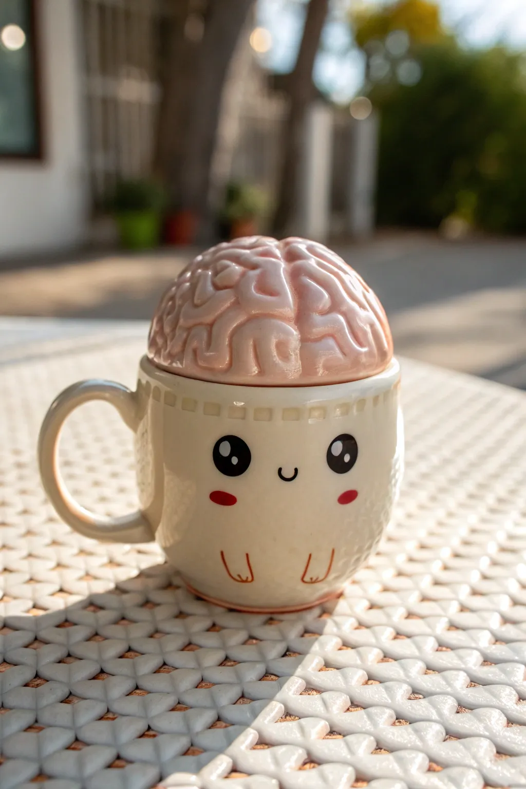 Brain-top monster mug with glossy squiggles and a surprised face, cute and minimalist.