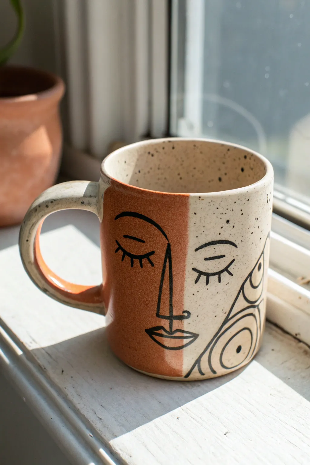 Two-tone face mug with bold geometric features, minimal Scandinavian style, handmade charm.