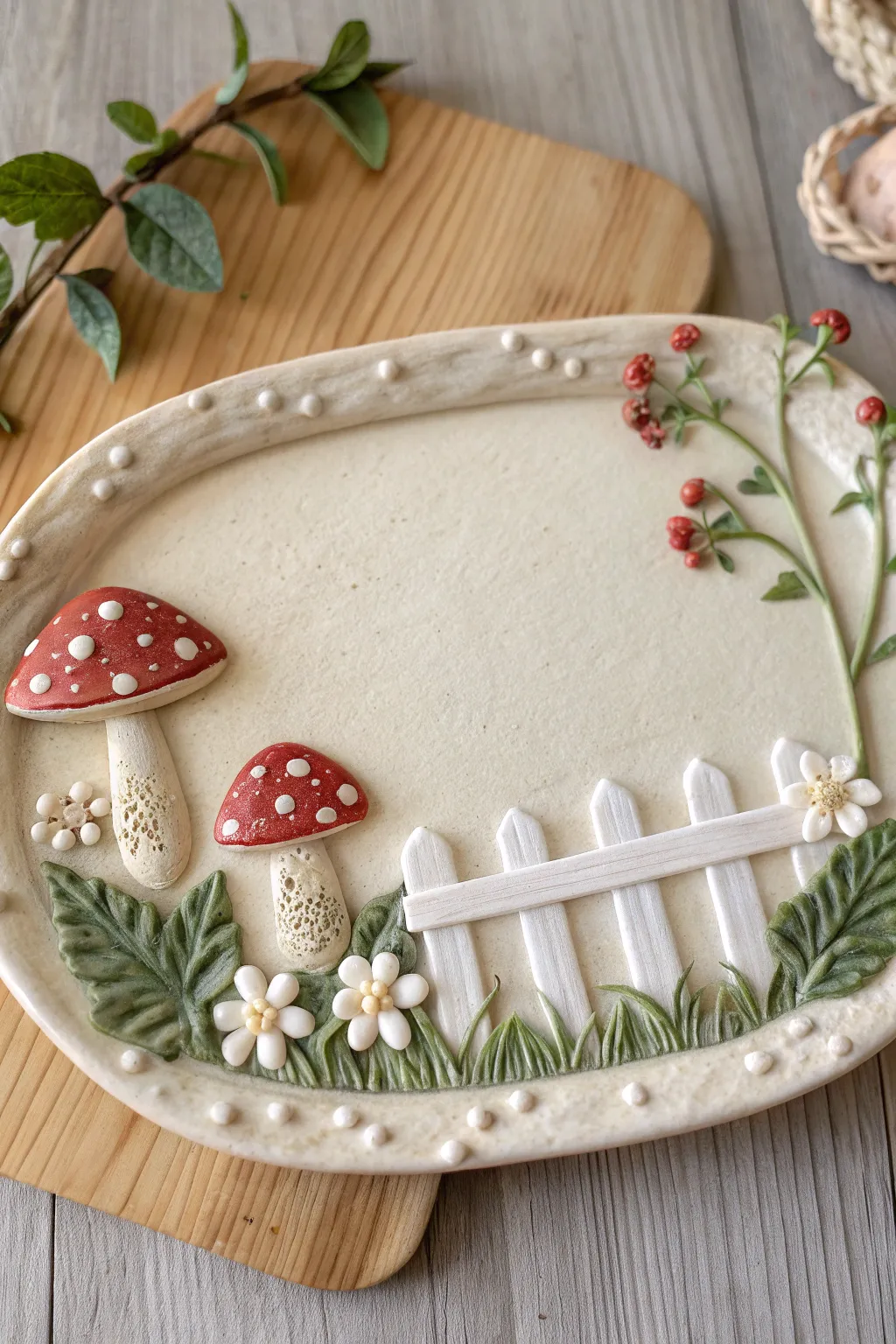 Cottagecore clay name plate with a tiny mushroom garden frame, simple shapes and soft colors