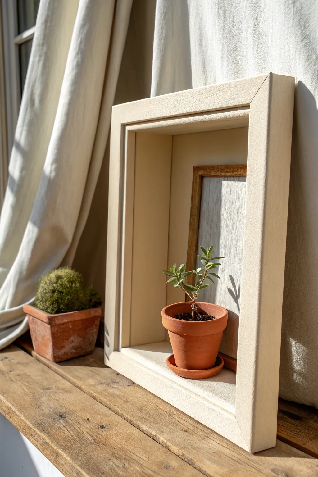 Peek-through window canvas with a simple clay mini scene, Scandinavian minimal with soft boho warmth.