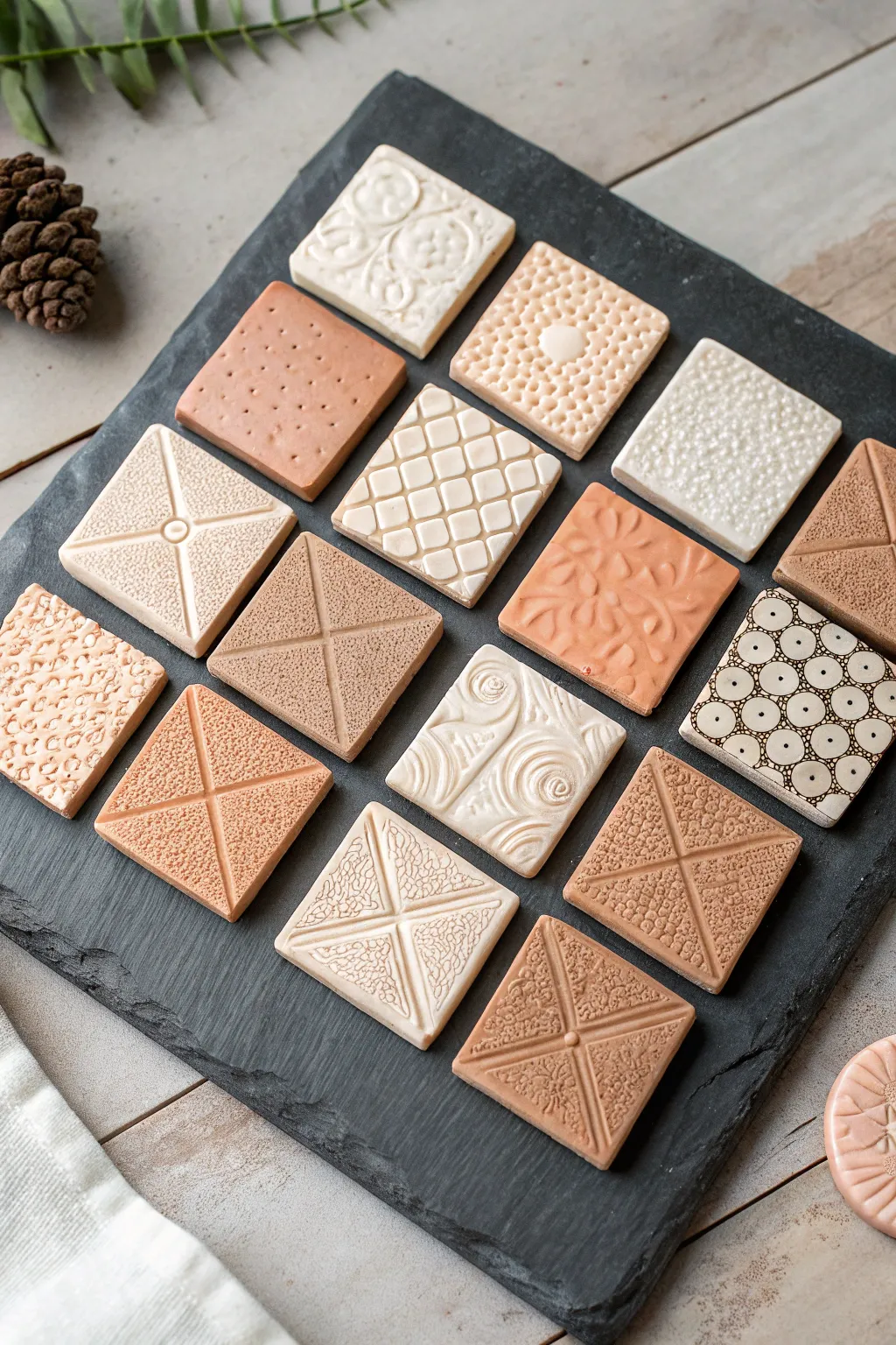 Pattern sampler tiles library: a calming grid of handmade textures for endless clay design ideas.