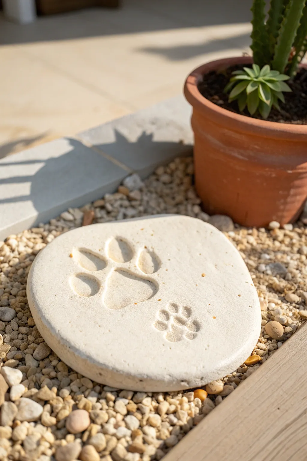 Stone-like clay paw print plaque for a gentle garden memorial, minimal, natural, and handmade.