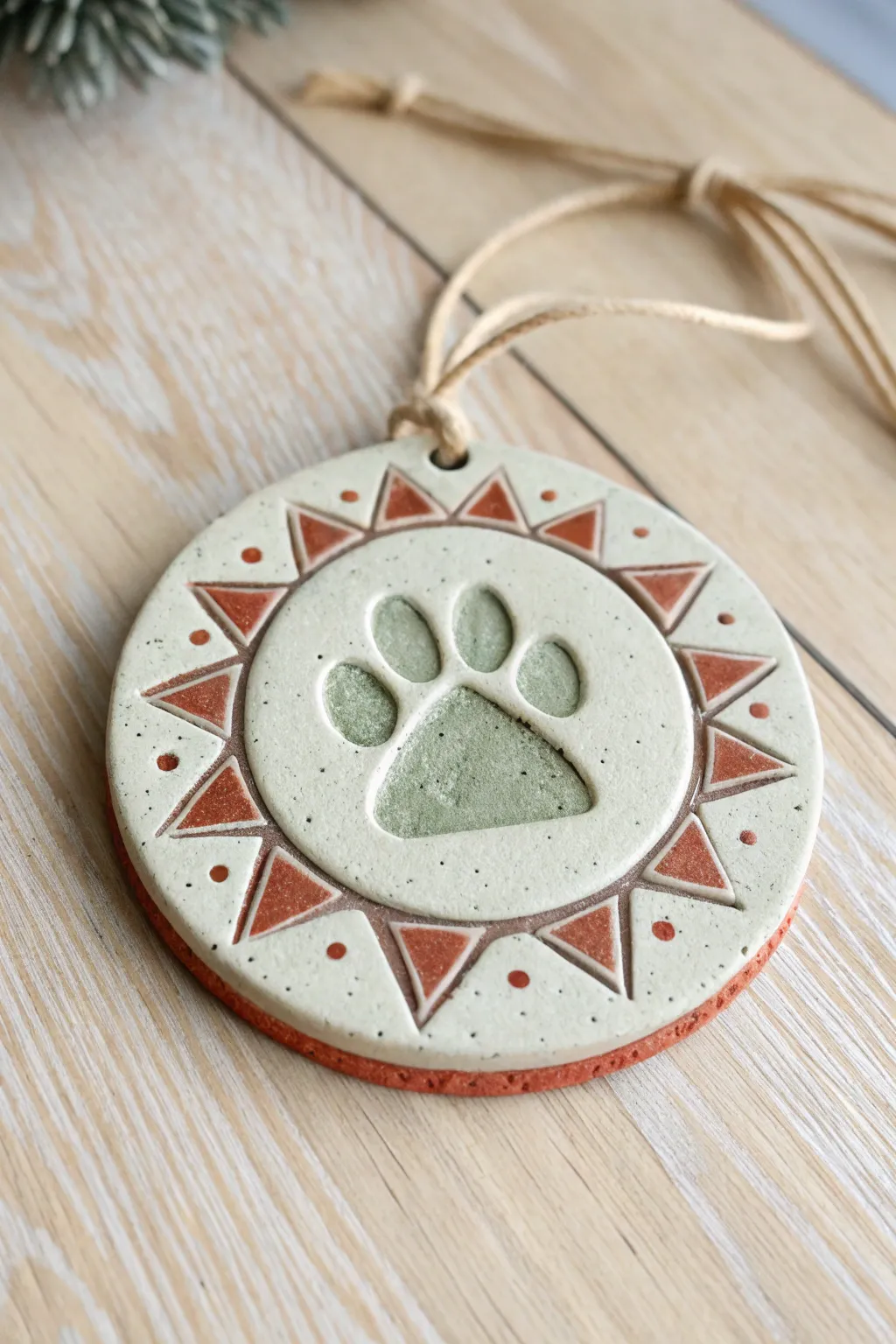 Minimal tile border frames a sweet paw medallion, an easy clay paint idea with boho charm.