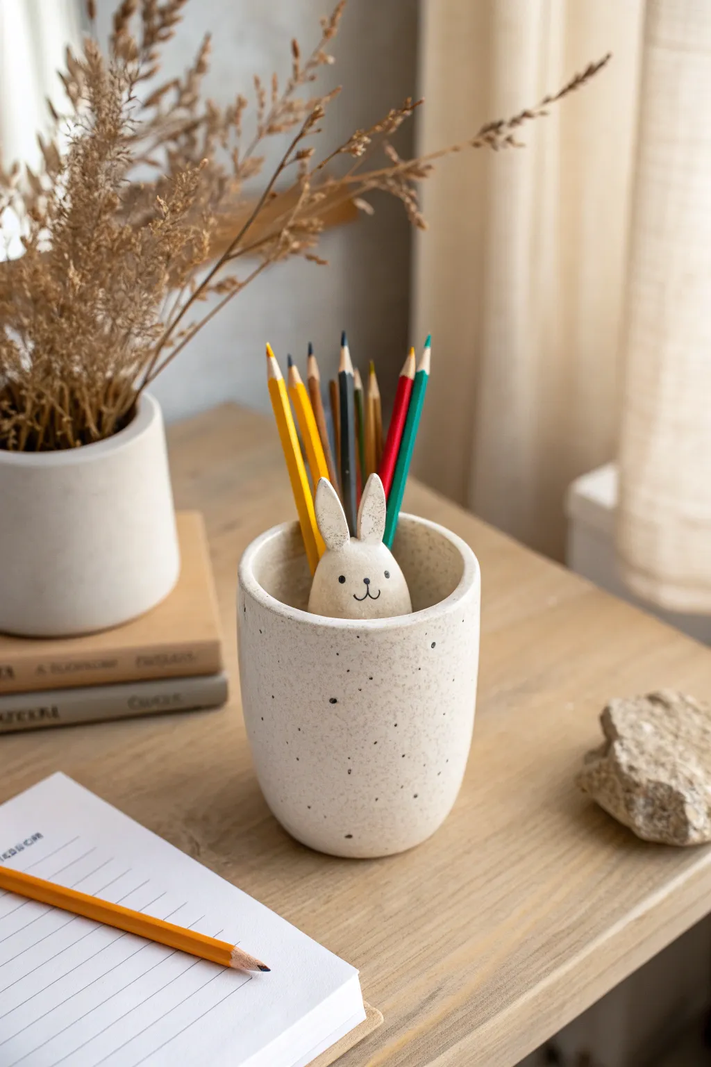 Minimal clay pencil cup with a sweet bunny rim topper, bringing calm, cute style to your desk.