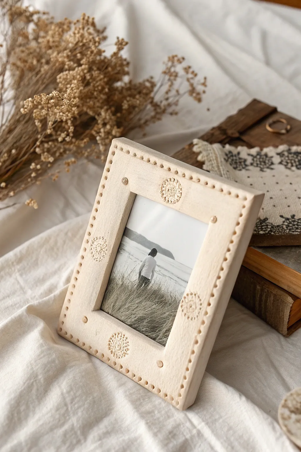 Embedded lace textures turn this soft neutral clay frame into a keepsake-worthy photo display.
