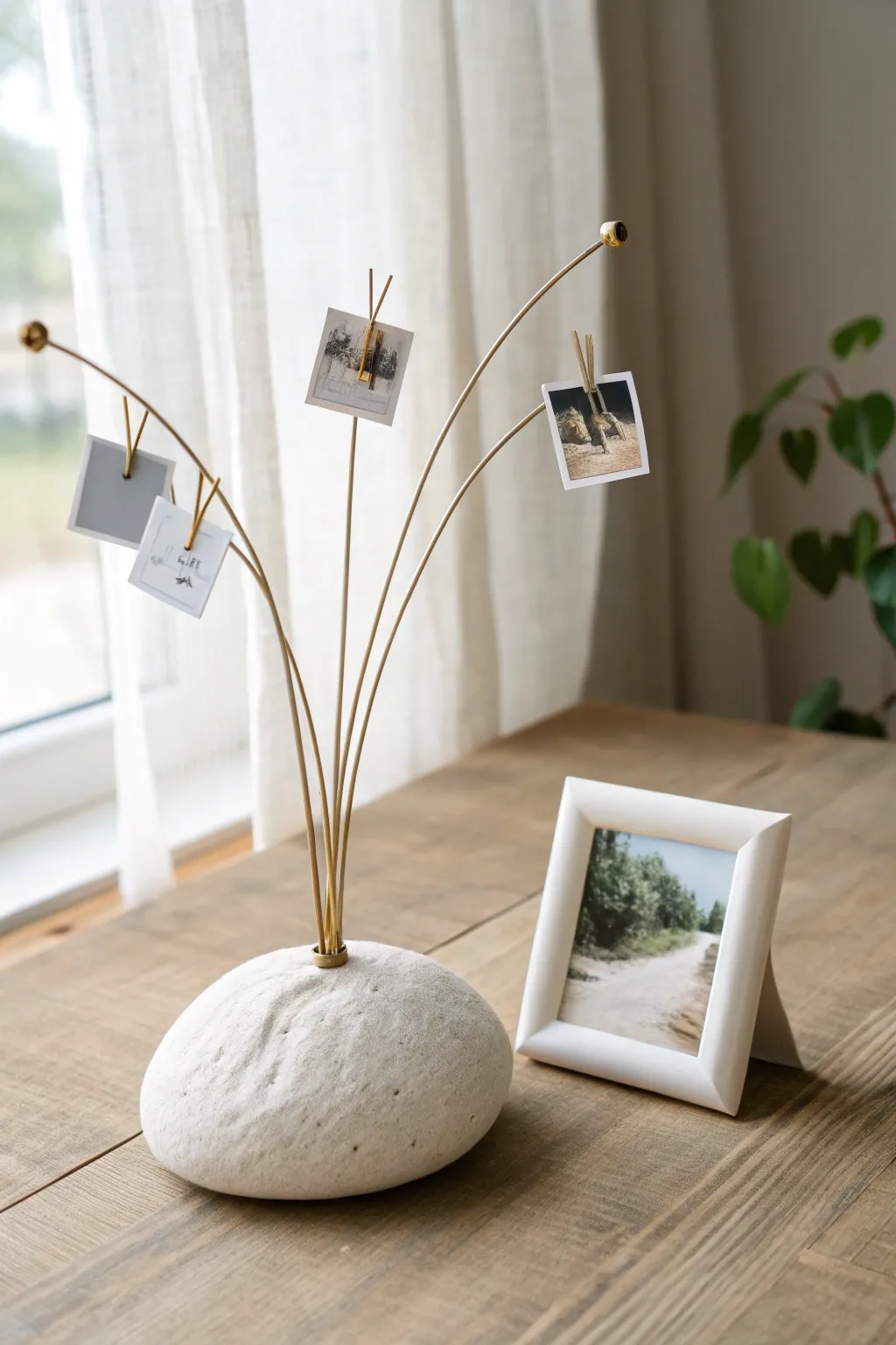 Minimalist clay base with bouquet-style wire clips holding tiny photos for a sweet display.