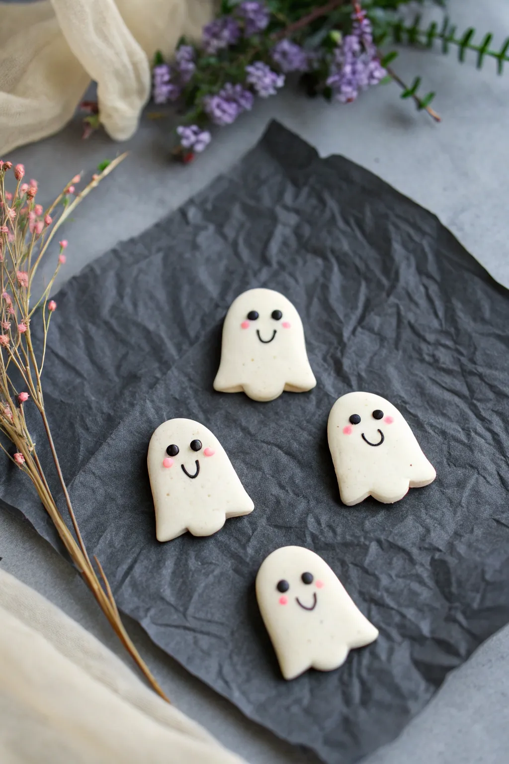 Sweet minimalist ghost clay pins in soft ivory on dark paper, perfect spooky-cute accessories.