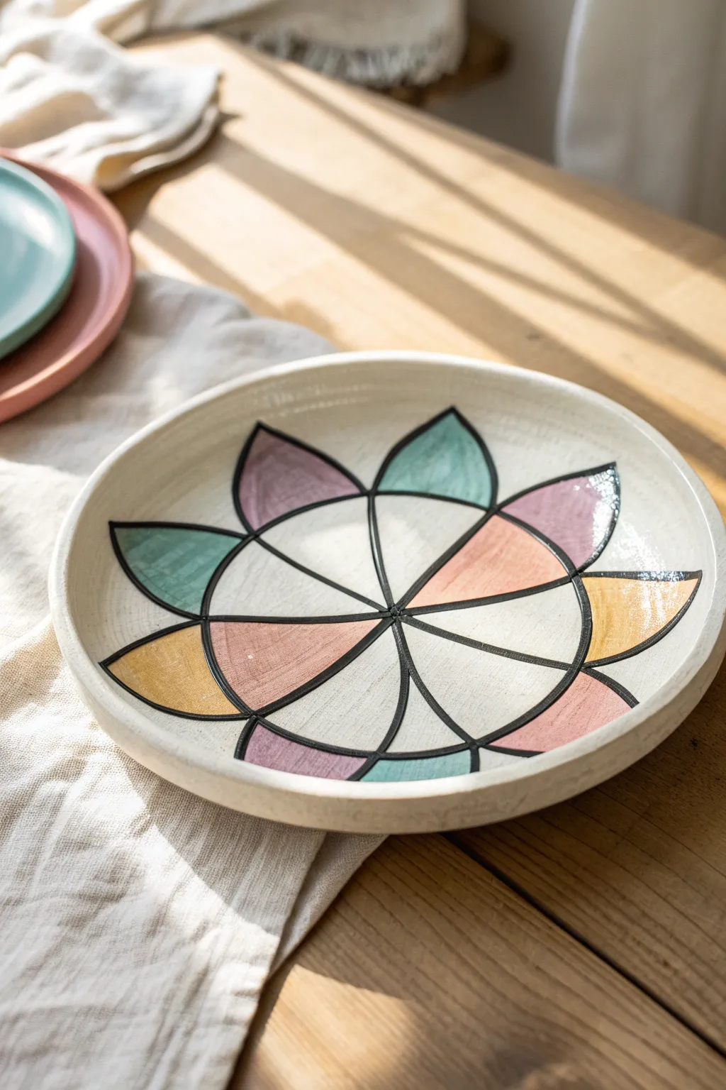 Faux stained-glass plate with bold outlines and bright color panes, minimalist and boho
