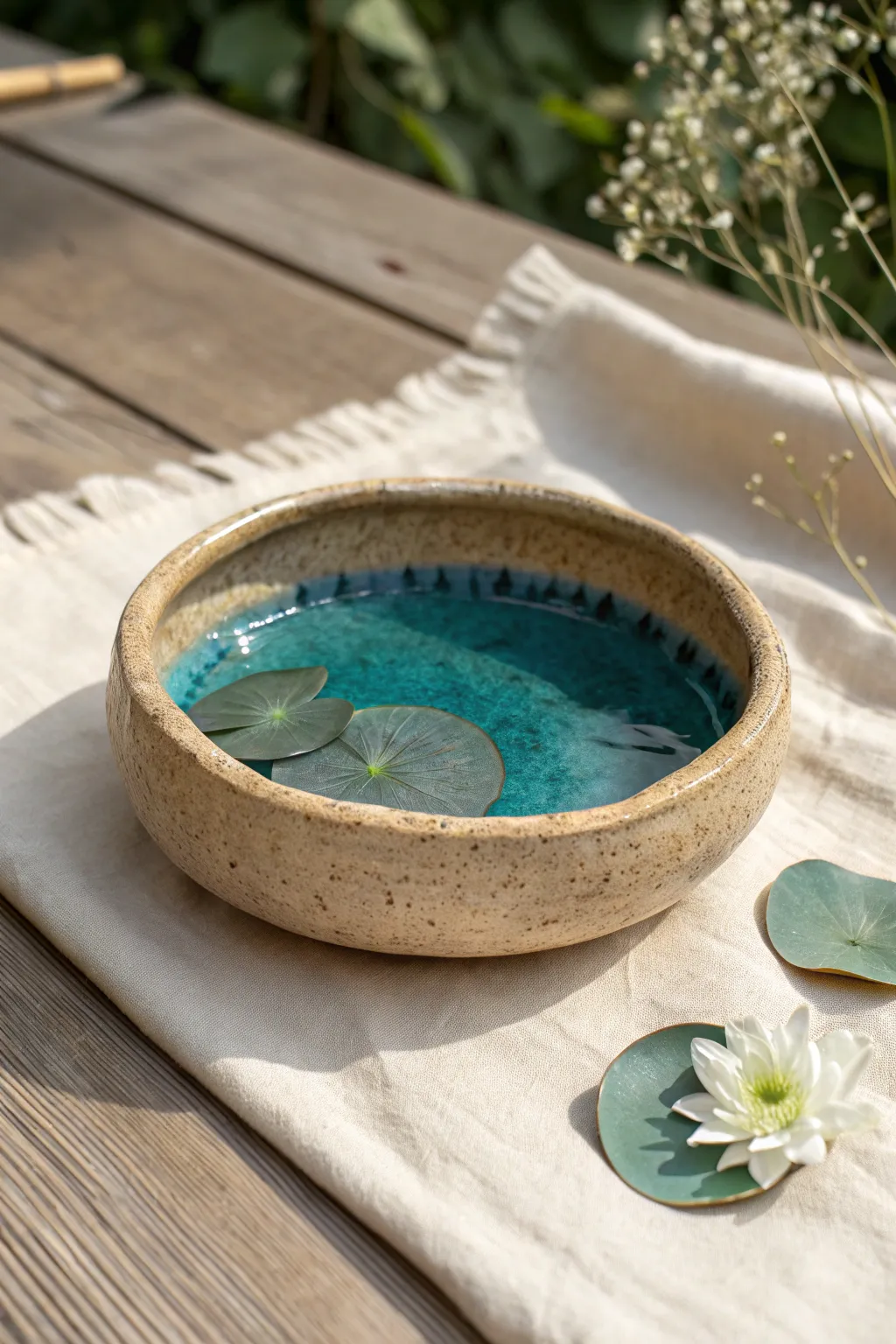 A minimalist clay pond trinket dish with a glossy water center and a tiny lily pad detail