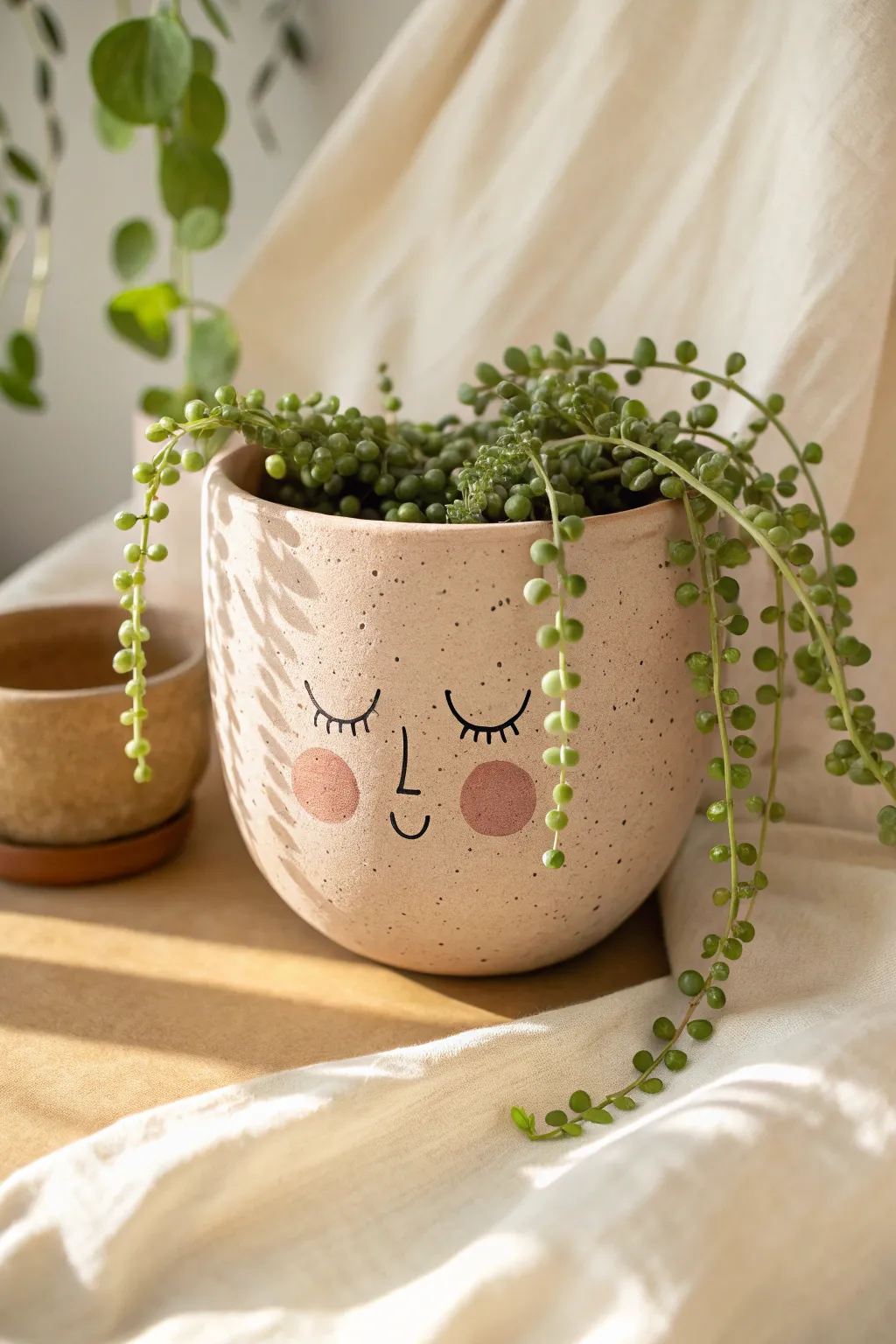 A sweet minimalist face planter with rosy cheeks and trailing greenery like hair