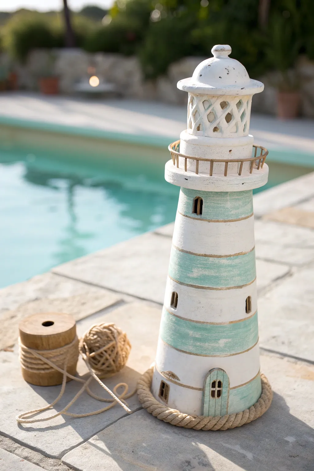 Poolside clay pot lighthouse in soft coastal tones, minimalist nautical charm for summer.
