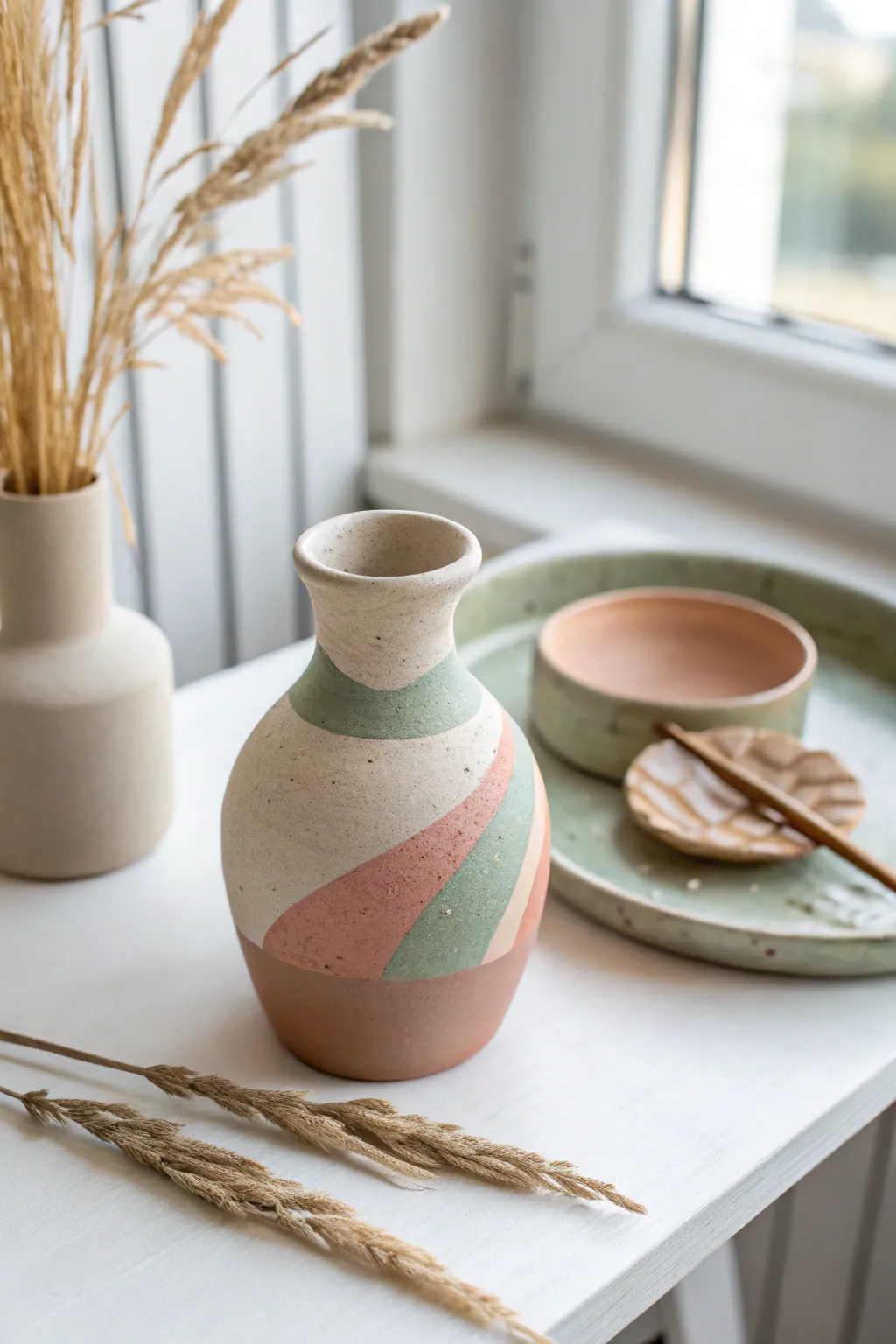 Painted air dry clay mini vase with simple dish and tray, sealed matte in muted tones.