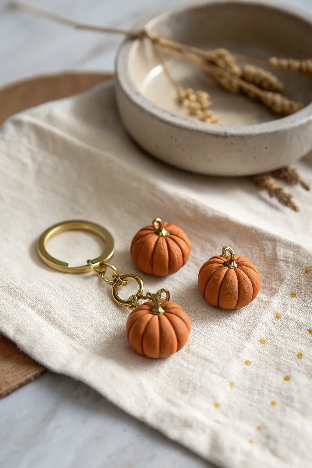 Mini clay pumpkin charms on a brass keyring, simple ribbing and cozy Scandinavian styling