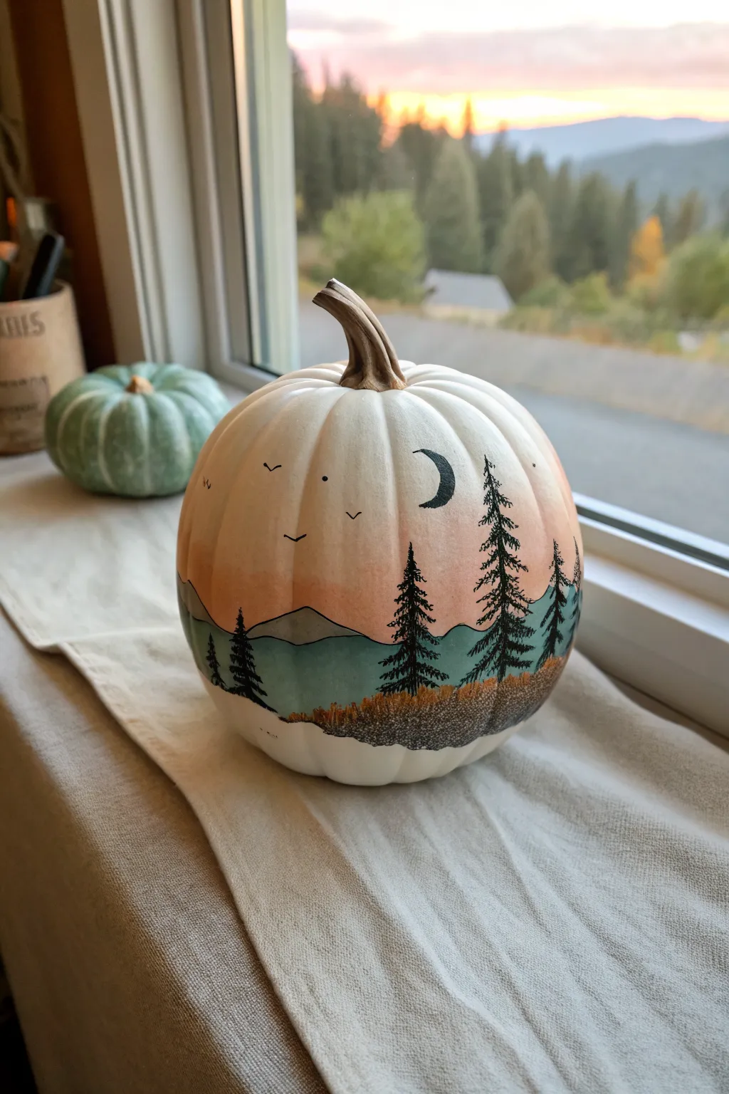 A simple 360-degree landscape mural turns a clay pumpkin into a view from every angle
