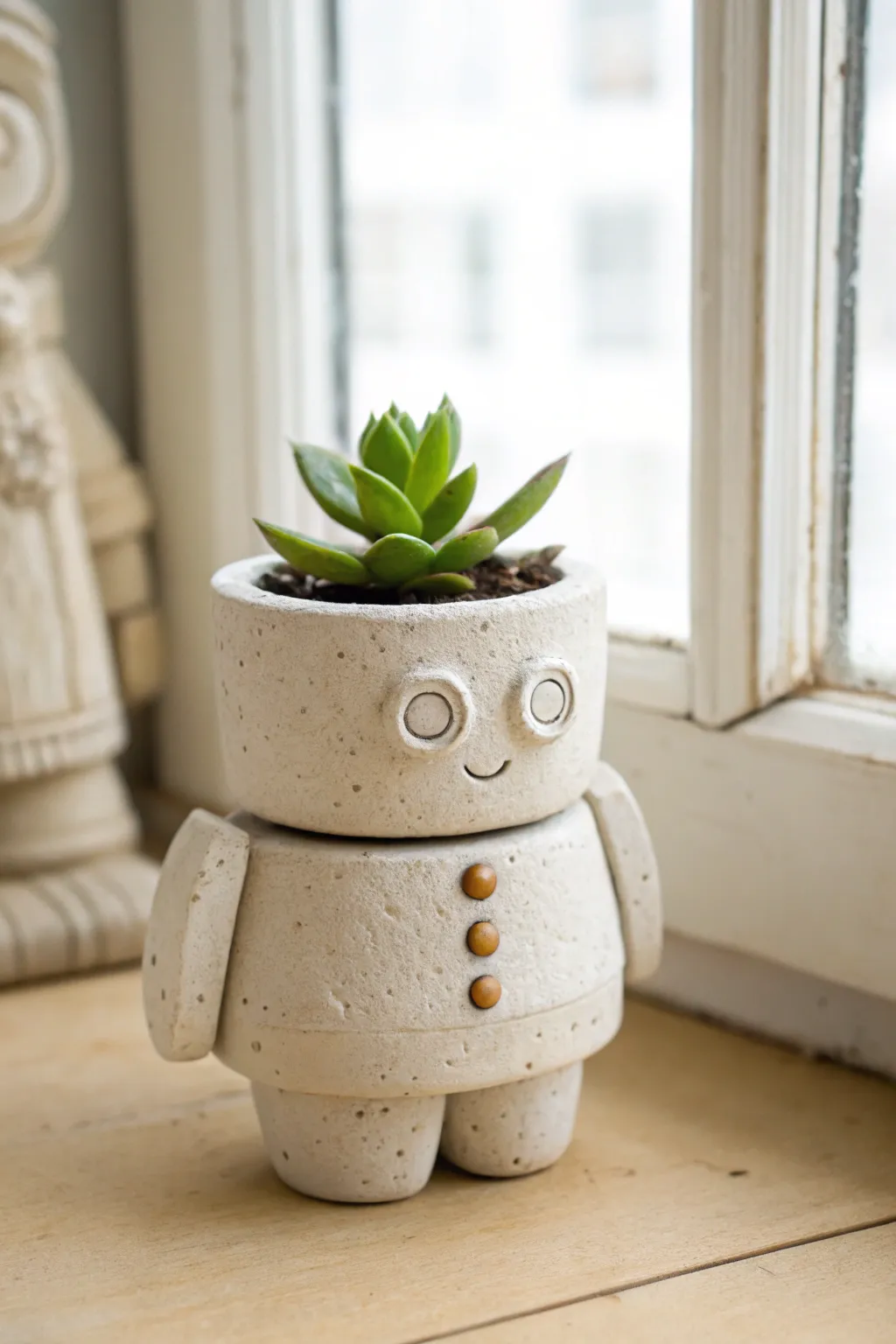 Tiny clay robot planter buddy with a petite succulent, minimalist Scandinavian boho charm